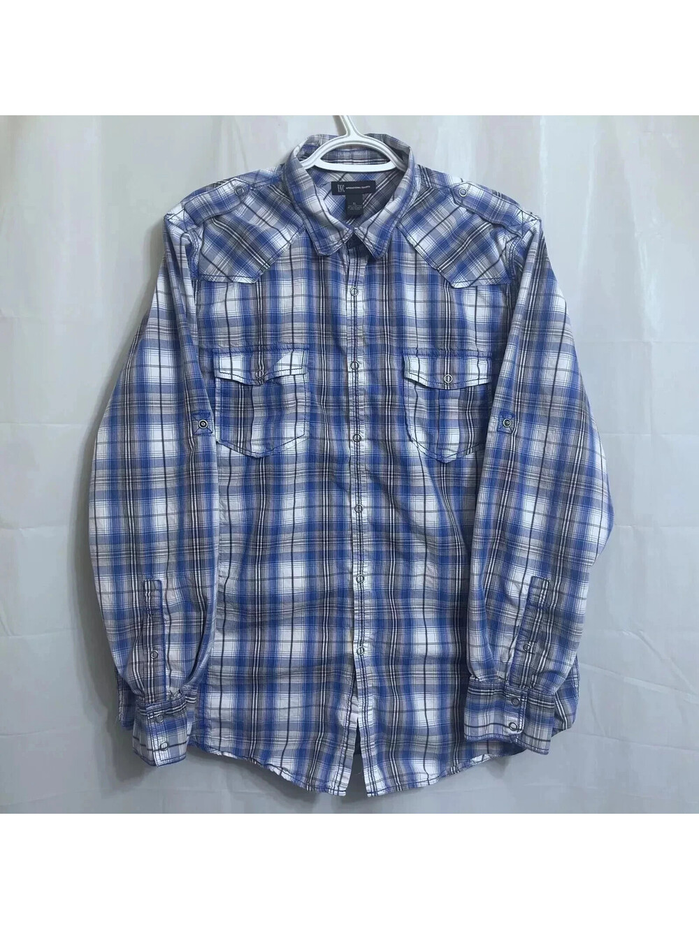 INC International Concepts Snap Up Shirt Men's XL Blue / White Plaid